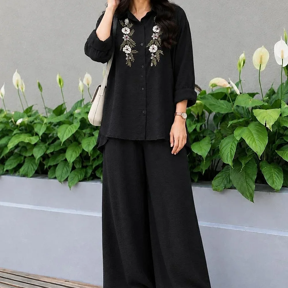 Midnight Black Floral Embroidered Co-ord Set - Textiles & Apparel by Golden Eagle Fashion's Enterprises