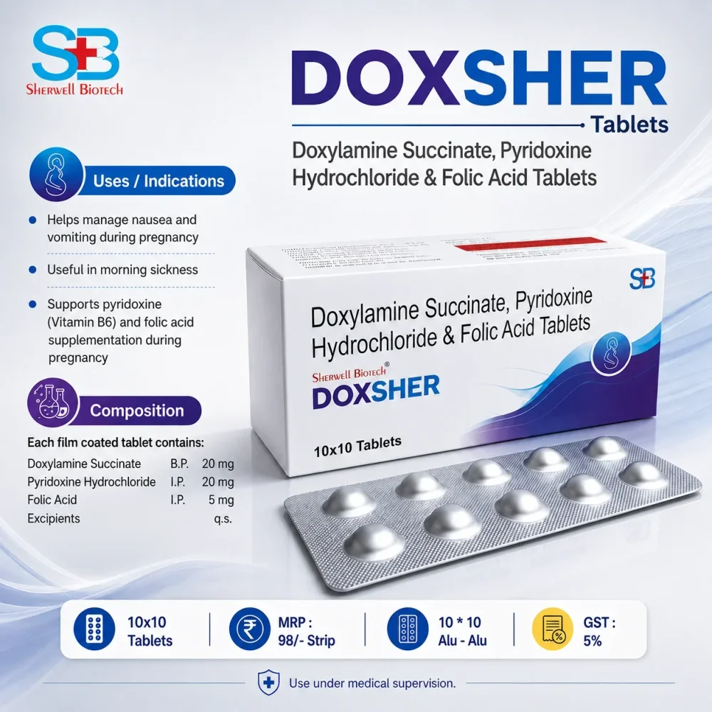 Doxylamine Succinate Pyridoxine Folic Acid Tablets - Healthcare & Medical by Sherwell Biotech