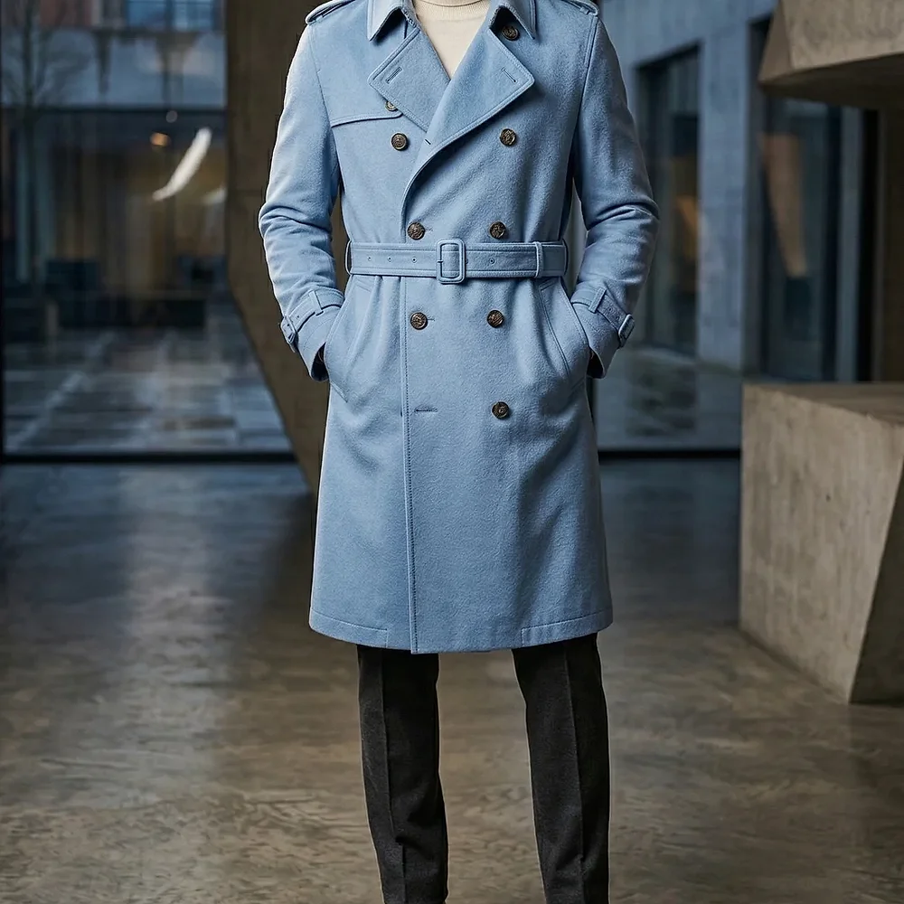 Men's Sky Blue Wool-Blend Trench Coat - Textiles & Apparel by G M Apparels