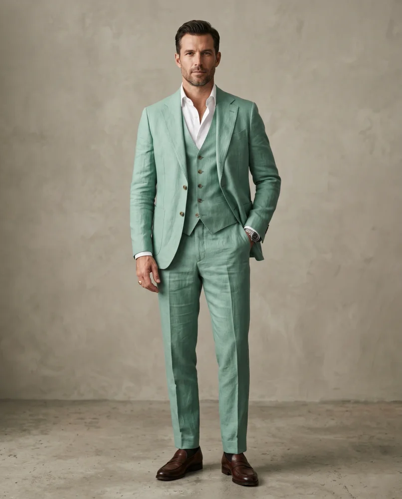Mint Green Linen Blend Slim Fit 3-Piece Suit - Textiles & Apparel by G M Apparels