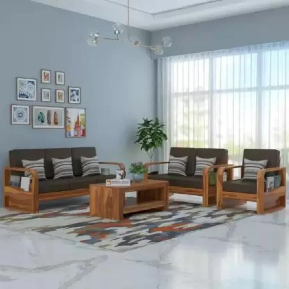 Solid Wood 6 Seater Fabric Sofa Set with Center Table - Furniture & Interiors by Upcycle Furnishing India