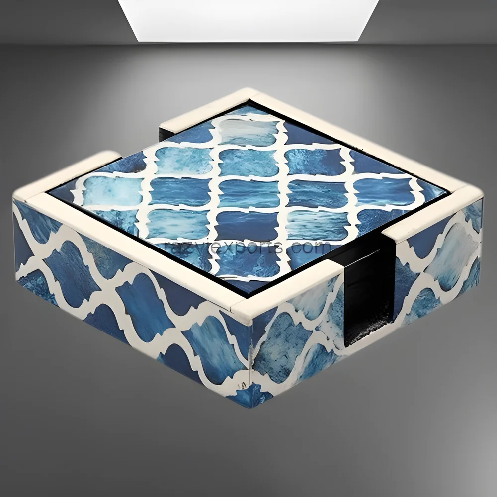 Geometric Blue Bone Inlay Coaster Set (4 Pieces) - Home & Kitchen by Razvi Exports
