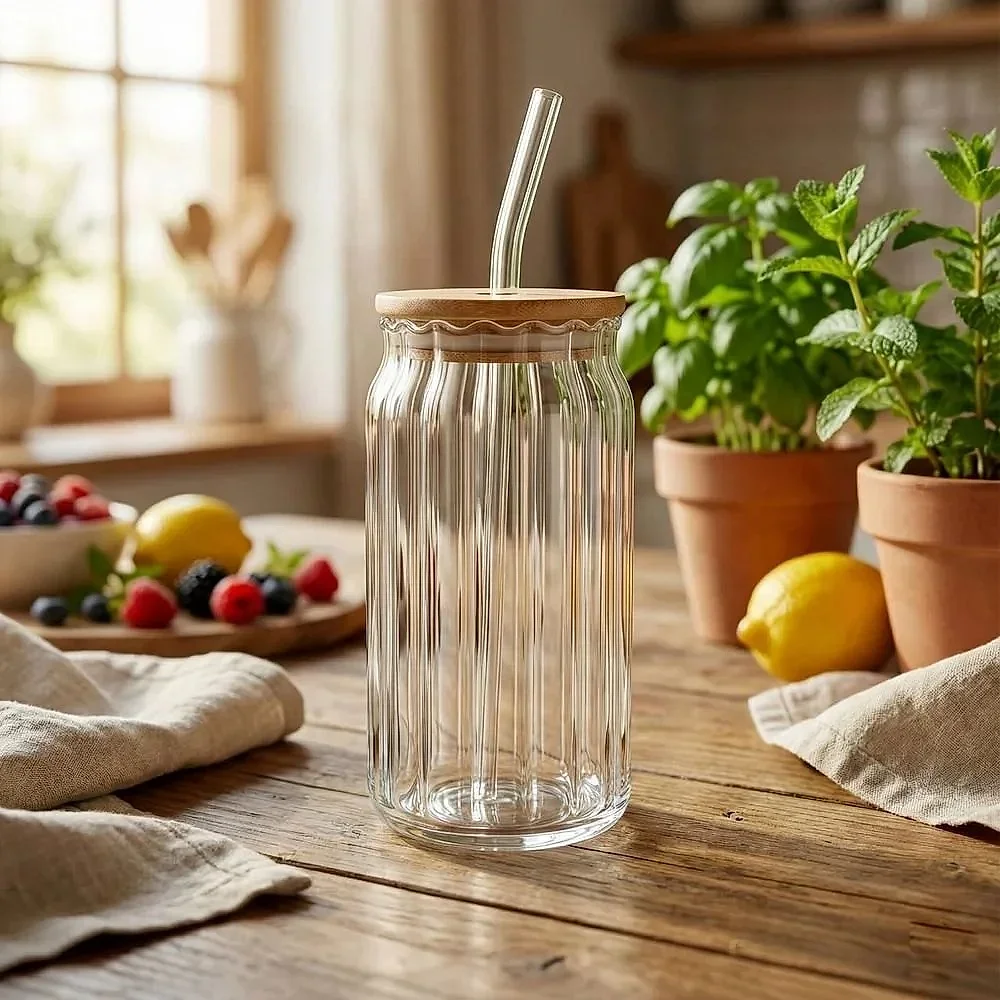 500 ml Glass Tumbler with Pine Wood Lid and Striped Glass Straw - Home & Kitchen by Y K Trading