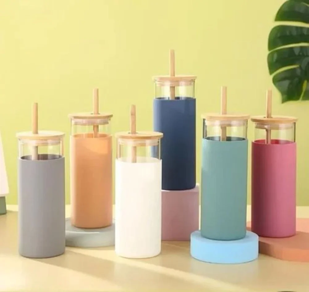 Glass Tumbler with Bamboo Lid and Straw - Home & Kitchen by Y K Trading