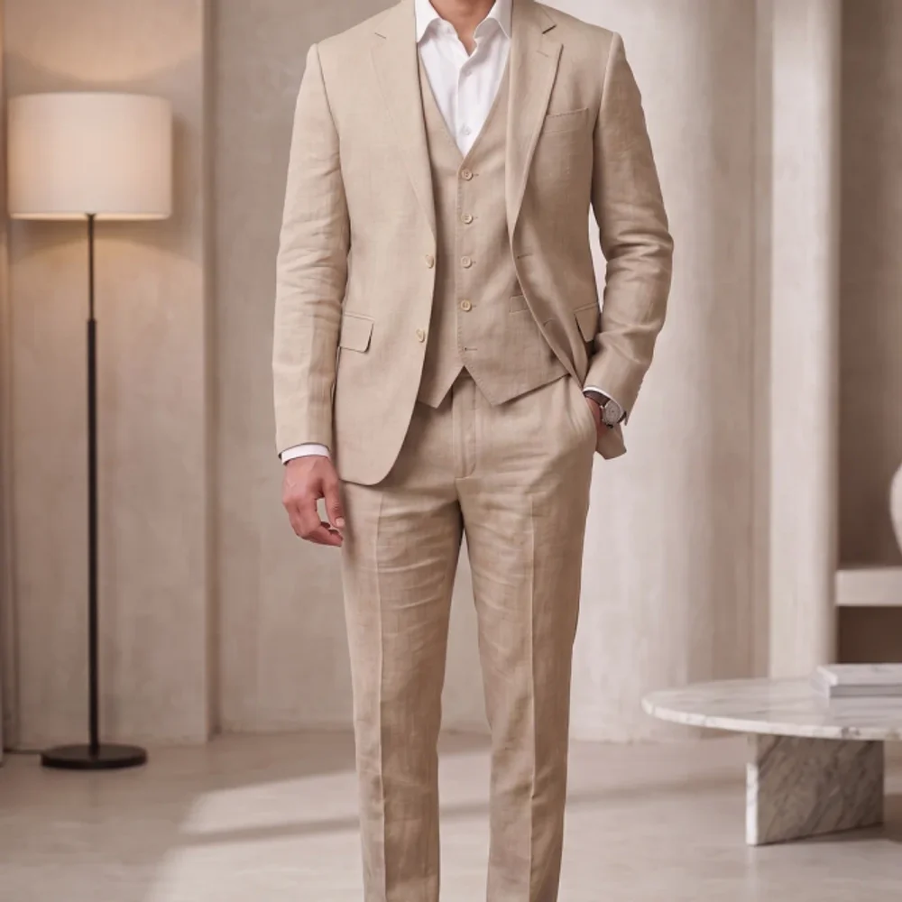 Men's Beige Linen Two-Piece Tailored Suit - Textiles & Apparel by G M Apparels