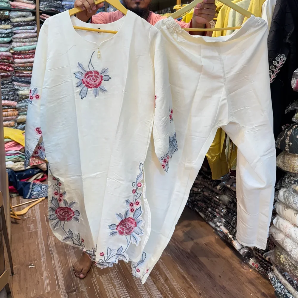 White Embroidered Cotton Linen Kurta and Pants Set - Textiles & Apparel by Ayzel Pvt. Ltd.