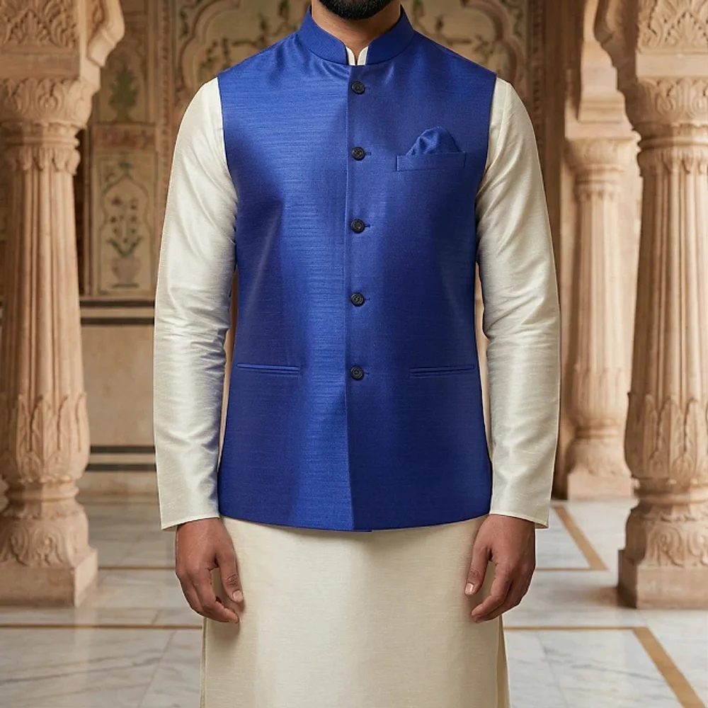 Men's Royal Blue Silk Nehru Jacket with Cream Tussar Kurta Pajama Set - Textiles & Apparel by G M Apparels