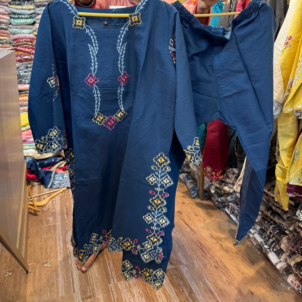 Embroidered Roman Cotton Silk Kurta and Pants Set - Textiles & Apparel by Ayzel Pvt. Ltd.