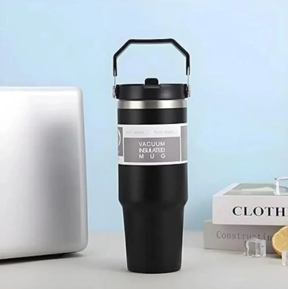 890 ml Black Stainless Steel Vacuum Insulated Tumbler with Straw - Home & Kitchen by Y K Trading
