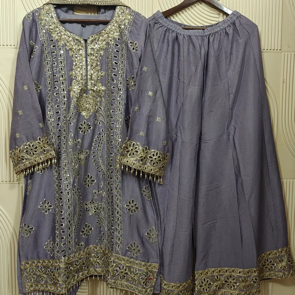 Embroidered Chiffon Silk Kurta Dupatta Palazzo Set - Textiles & Apparel by Ayzel Pvt. Ltd.