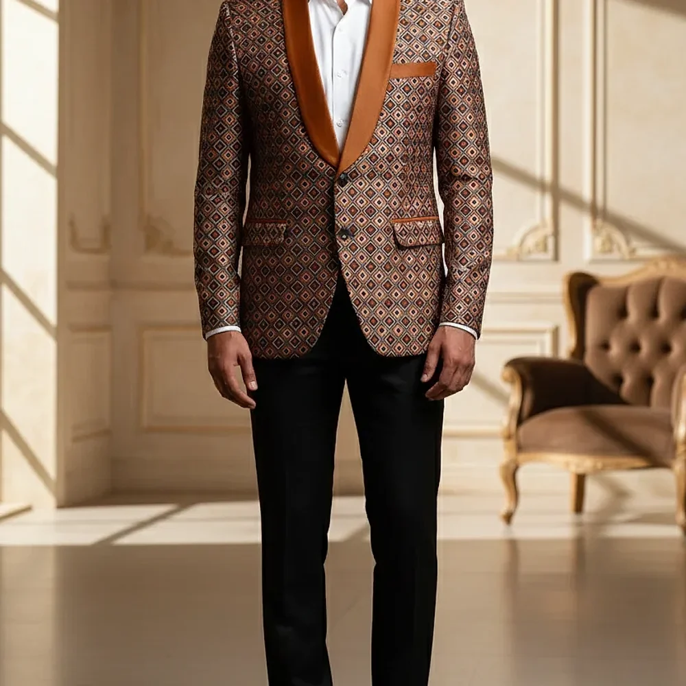 Men's Rust & Gold Geometric Jacquard Tuxedo Blazer - Textiles & Apparel by G M Apparels