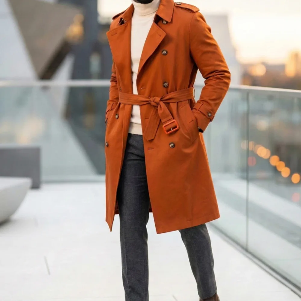 Men's Burnt Orange Double-Breasted Trench Coat - Textiles & Apparel by G M Apparels
