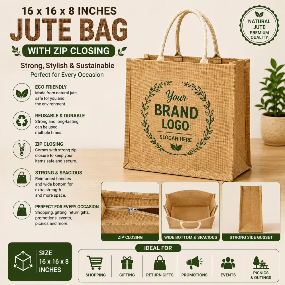 Jute Zipper Bag 16x16x8 INCHES - Packaging & Printing by Jute Bags Manufacturing