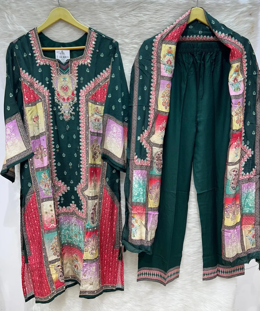 AYZEL Muslin Rayon Printed Handwork Kameez Dupatta Trouser Set - Textiles & Apparel by Ayzel Pvt. Ltd.