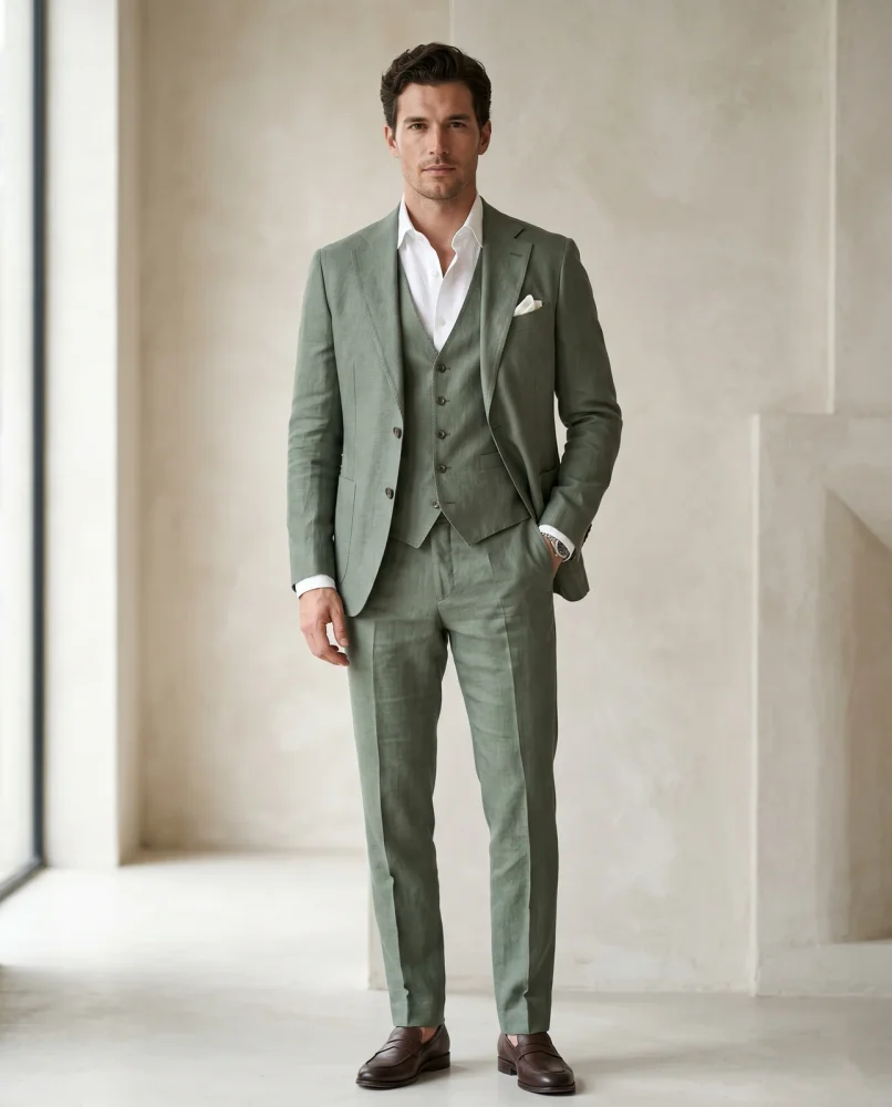 Light Sage Green Linen Slim Fit 3-Piece Suit - Textiles & Apparel by G M Apparels