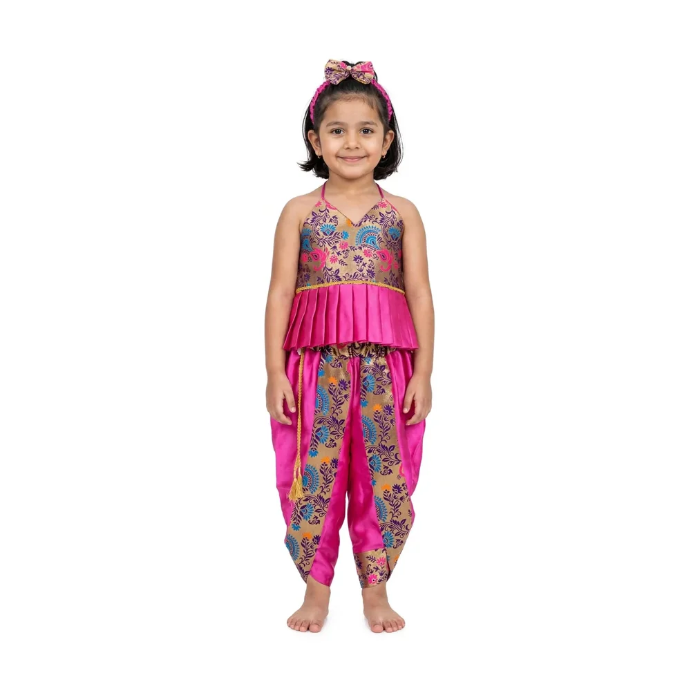 Kids Satin Dhoti Set with Halter Neck Top and Hairband - Textiles & Apparel by Marvel Creation