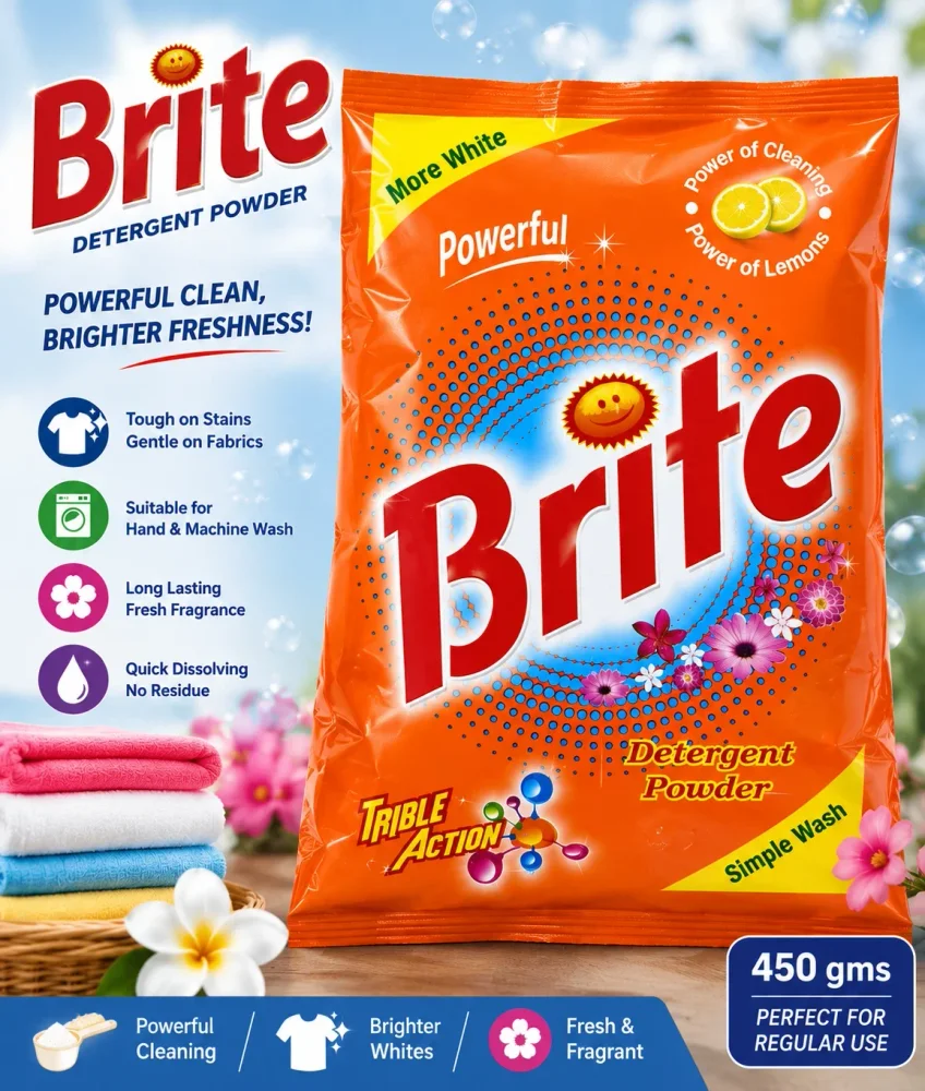Brite Lemon Fresh Laundry Detergent Powder 450g - Chemicals & Raw Materials by J K Industries
