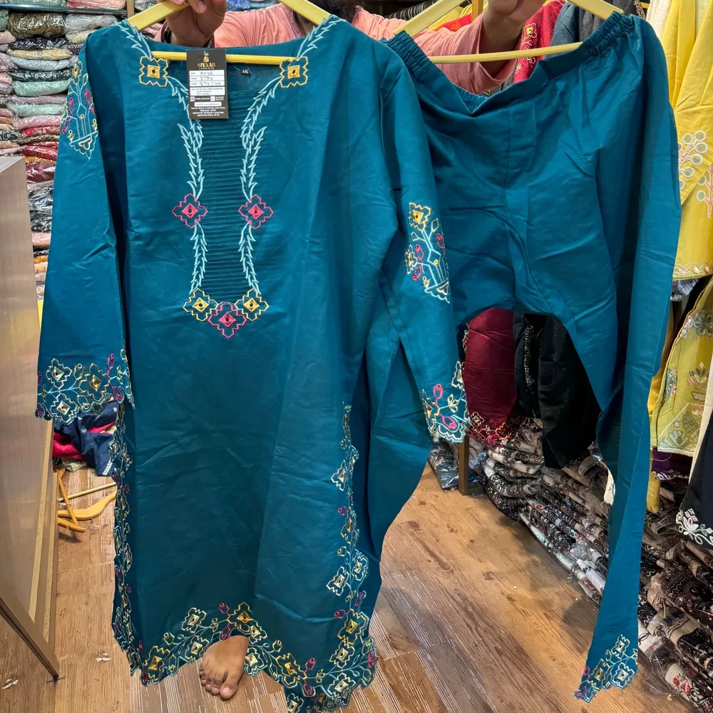 AYZEL Embroidered Cotton Silk Cord Set - Turquoise XXL - Textiles & Apparel by Ayzel Pvt. Ltd.