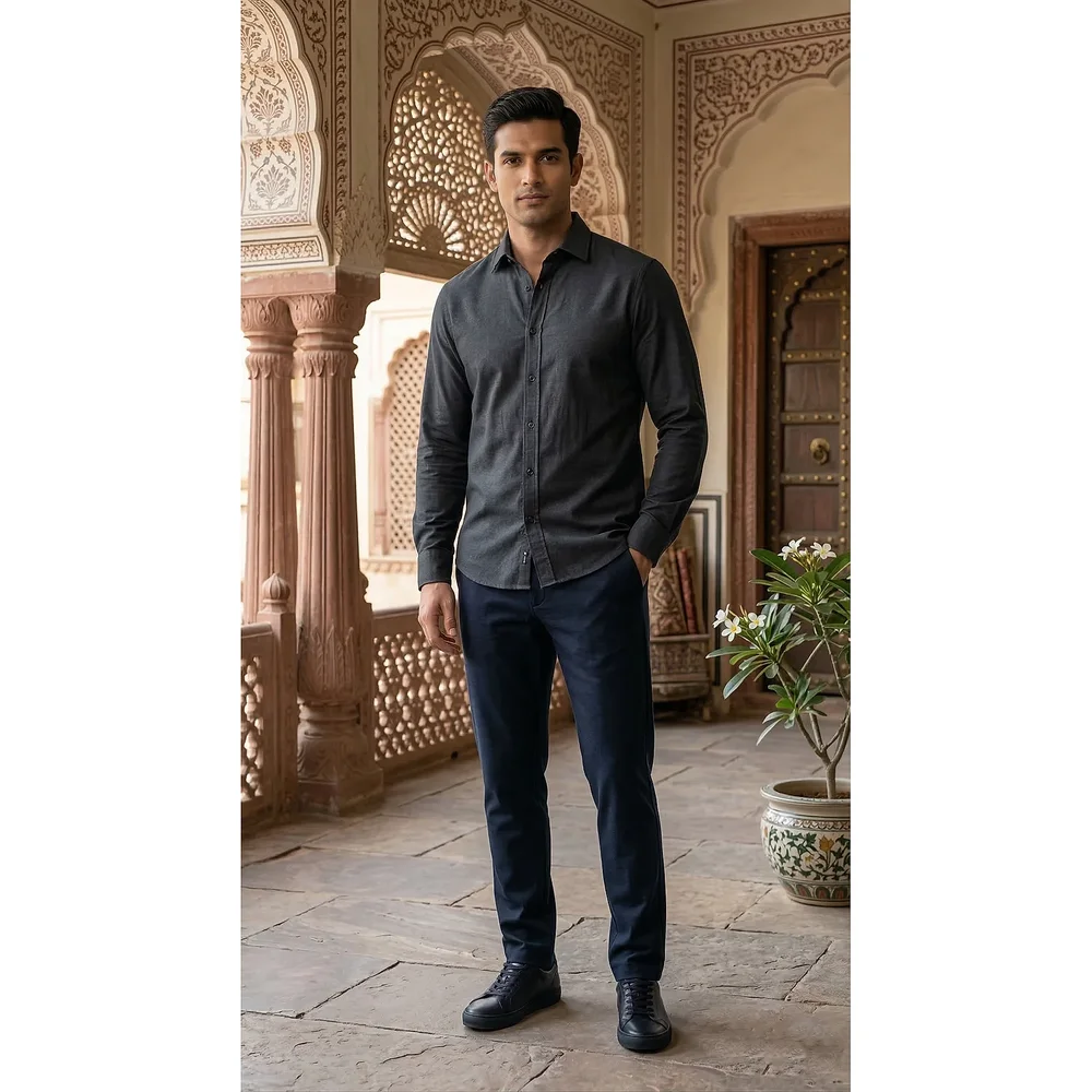 Men's Charcoal Brushed Cotton Slim Fit Button-Down Shirt - Textiles & Apparel by G M Apparels