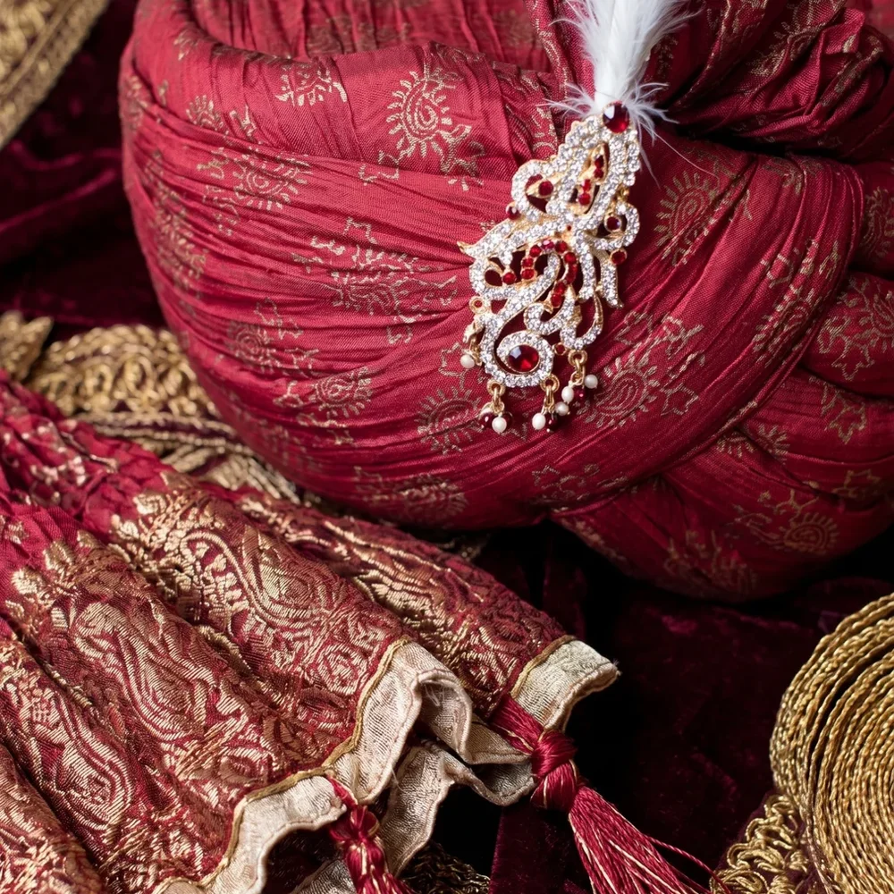Deep Maroon Silk Pre-Tied Turban with Kalgi & Feather Detail - Textiles & Apparel by G M Apparels
