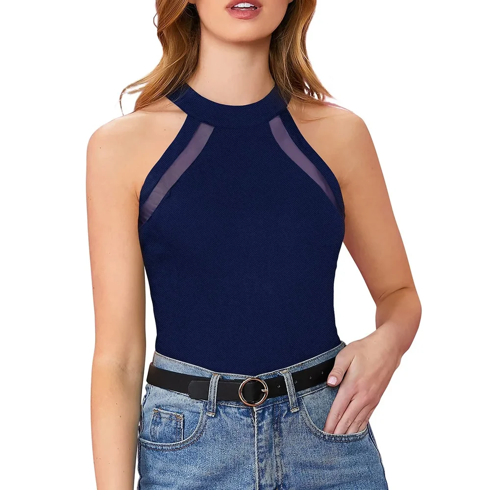 Navy Blue Halter Neck Sleeveless T-Shirt, Large - Textiles & Apparel by Cara Exim