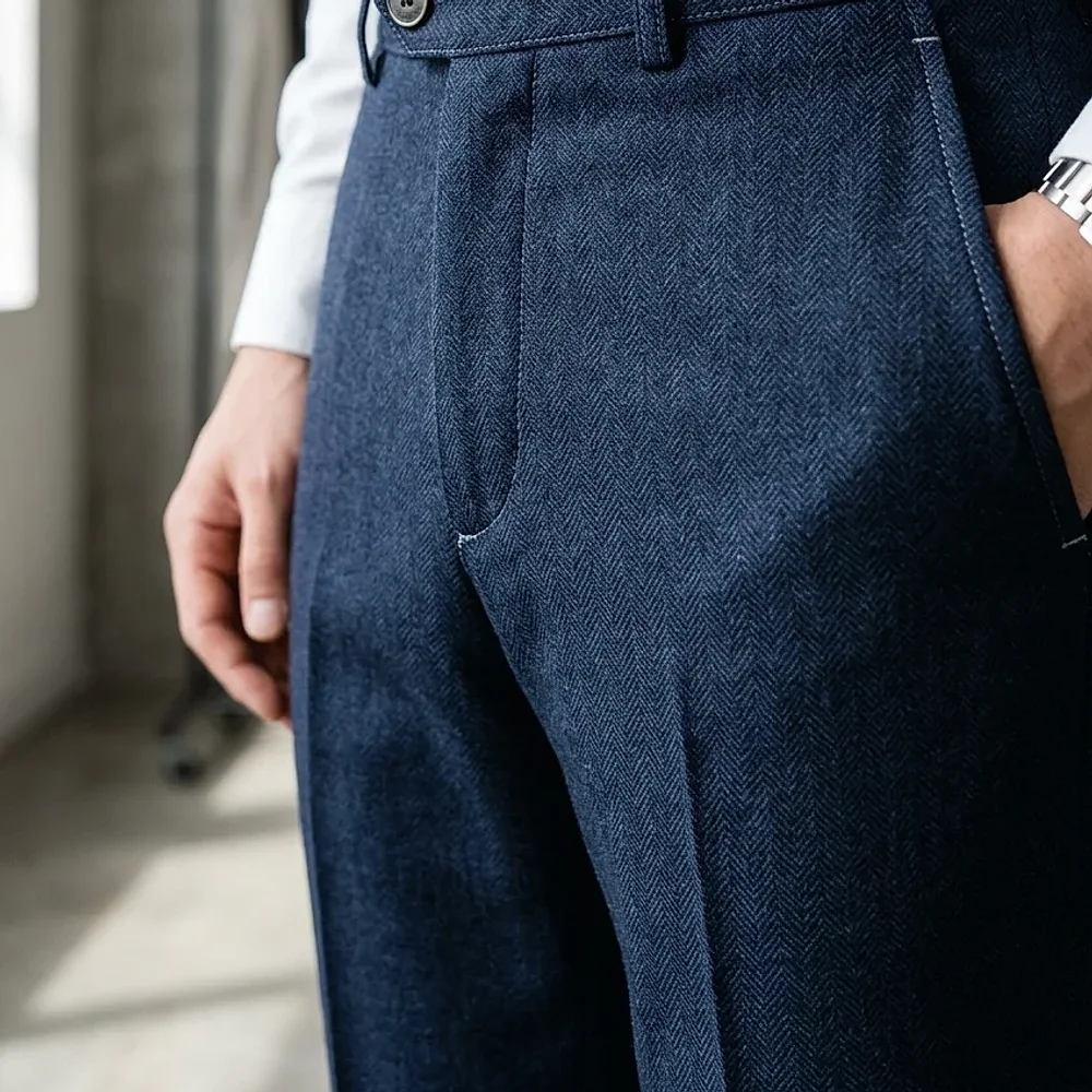 Men's Navy Blue Formal Herringbone Trousers - Textiles & Apparel by G M Apparels