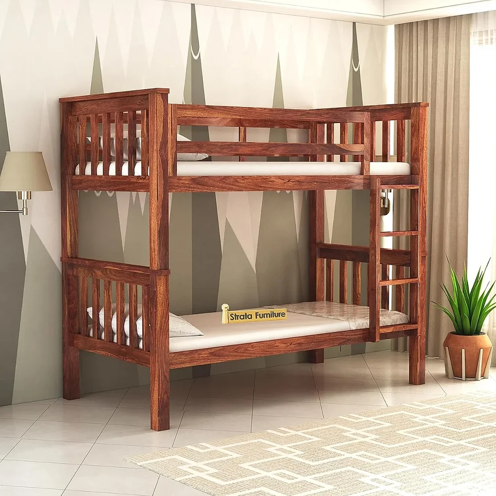 Solid Sheesham Wood Double Bunk Bed, Honey Finish - Furniture & Interiors by Upcycle Furnishing India