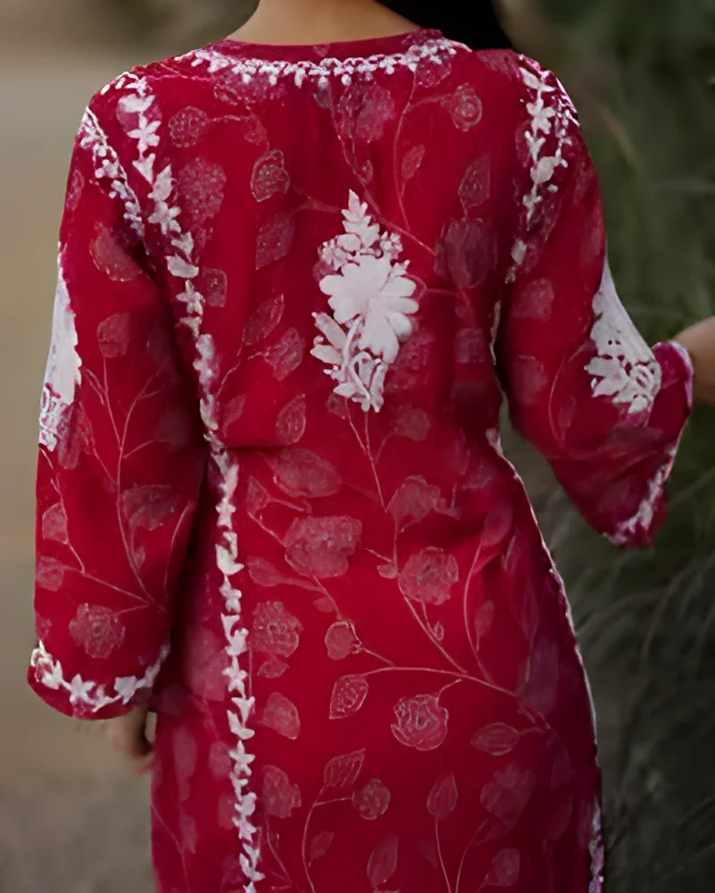 Dyeable Rayon Angarkha Kurti with Ghaas Patti Chikankari Embroidery - Textiles & Apparel by Royal Chikan Palace