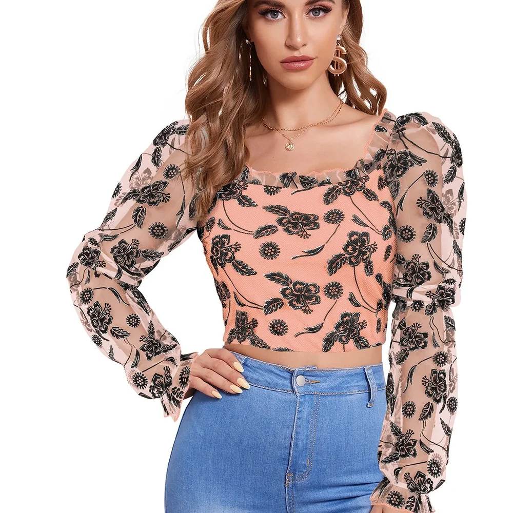 Peach Full Sleeve Square Neck Crop Top XL - Textiles & Apparel by Cara Exim