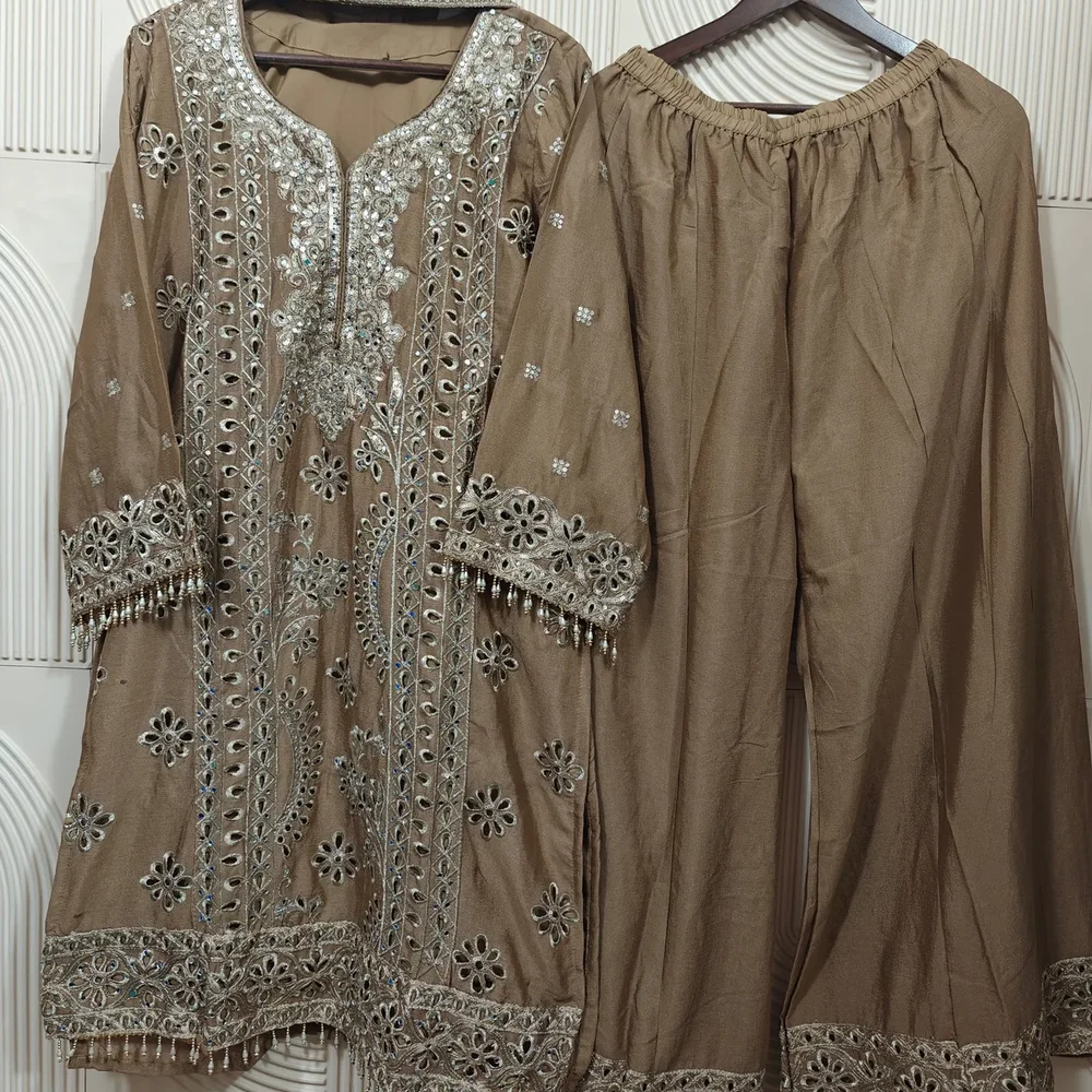 Embroidered Chiffon Kameez with Raw Silk Plazo and Dupatta - Textiles & Apparel by Ayzel Pvt. Ltd.
