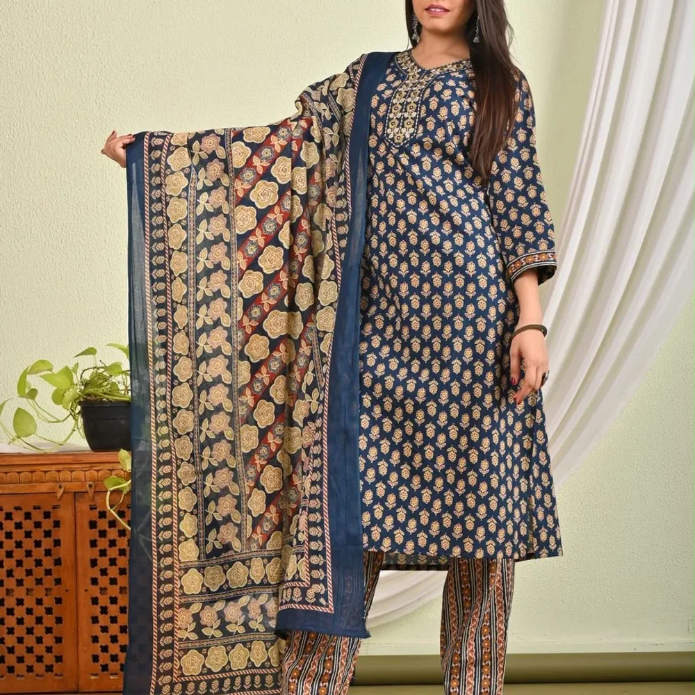 Cotton 3-Piece Salwar Kameez Set with Pant and Dupatta - Textiles & Apparel by Egf International