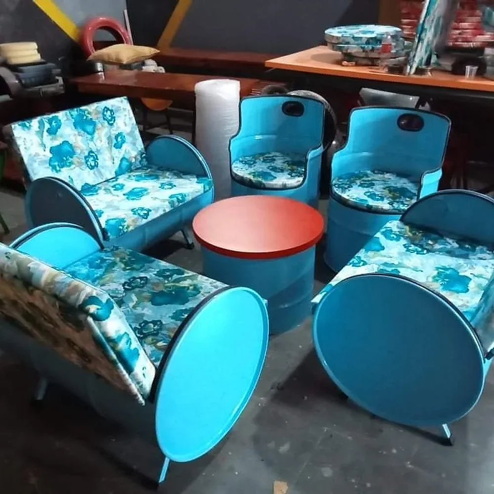 8 Seater Repurposed Metal Drum Sofa Set with Table - Furniture & Interiors by Upcycle Furnishing India