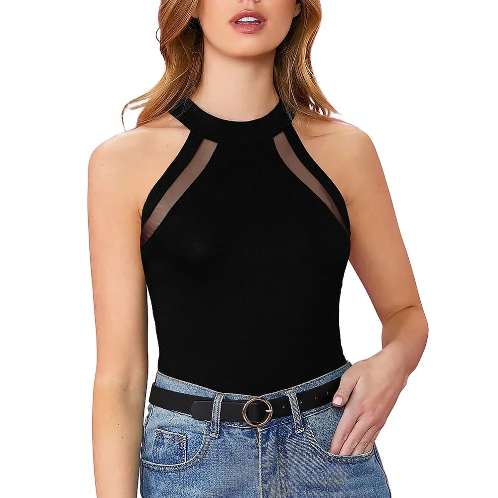 Black Halter Neck Sleeveless T-Shirt, L - Textiles & Apparel by Cara Exim