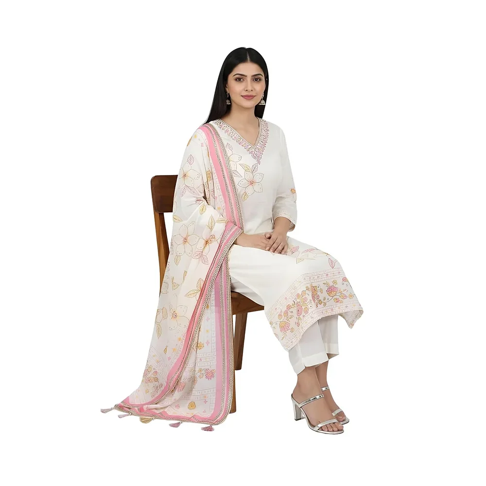 Pure Cotton Printed Embellished Kurti Pant Dupatta Set XXL - Textiles & Apparel by Effortless Fashions
