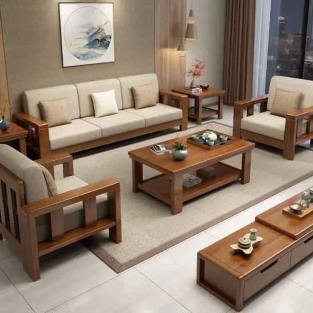 Solid Sheesham Wood 5 Seater Sofa Set, Chocolate Brown Finish - Furniture & Interiors by Upcycle Furnishing India