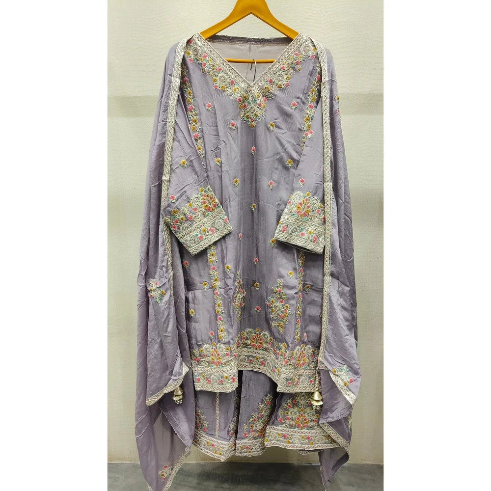 Embroidered Chiffon Kurta Set with Silk Palazzo - Textiles & Apparel by Ayzel Pvt. Ltd.
