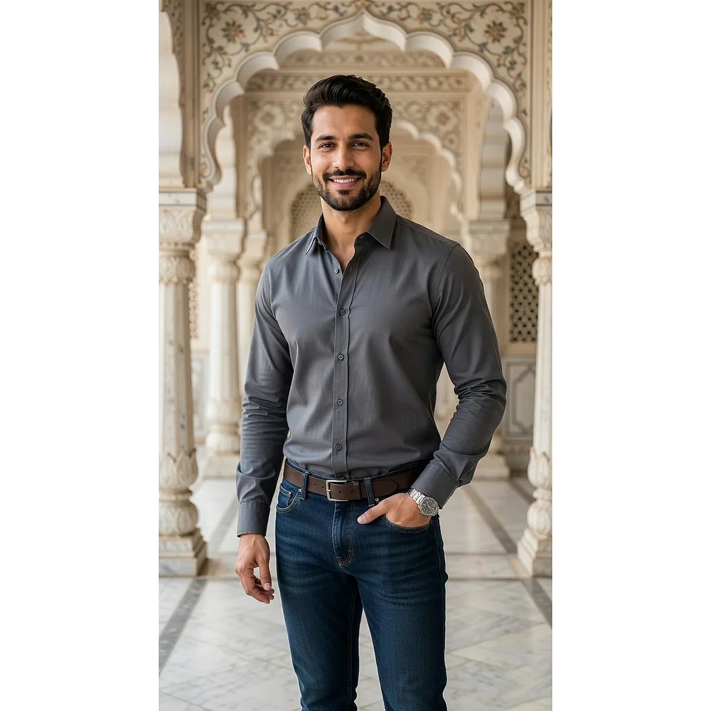Men's Charcoal Grey Melange Slim-Fit Blended Linen Casual Shirt - Textiles & Apparel by G M Apparels