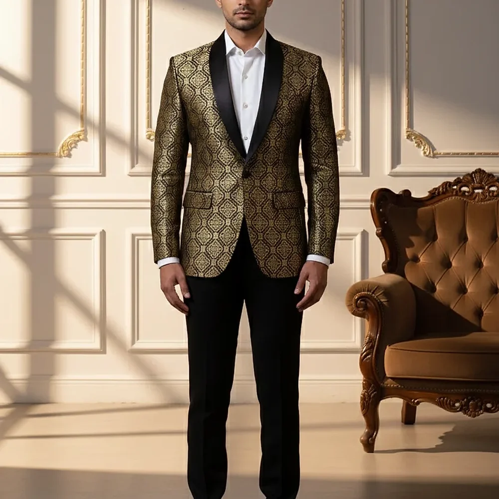 Men's Gold & Black Brocade Slim Fit Tuxedo Blazer - Textiles & Apparel by G M Apparels