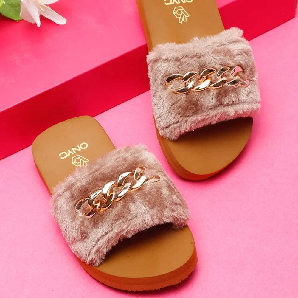 ONYC Brown Fur Girls Slippers - Footwear, Bags & Leather Goods by Parmar Brothers