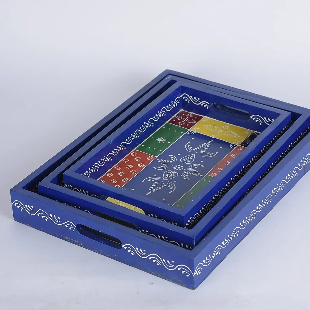 Multi-Coloured Wooden Serving Trays (Set of 3) - Home & Kitchen by Deewin Dreamz