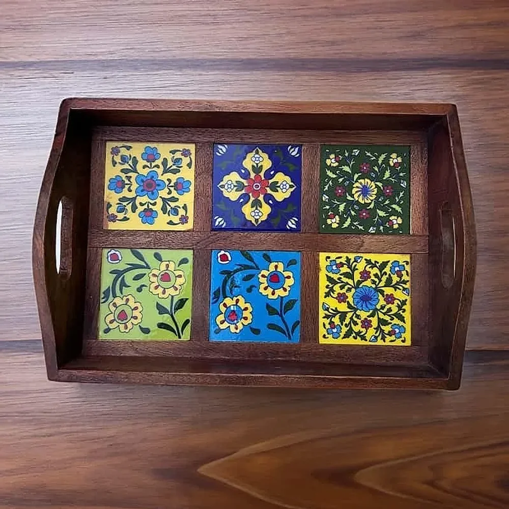 Blue Pottery Wooden Tray - Home & Kitchen by Kapishreshth Traders