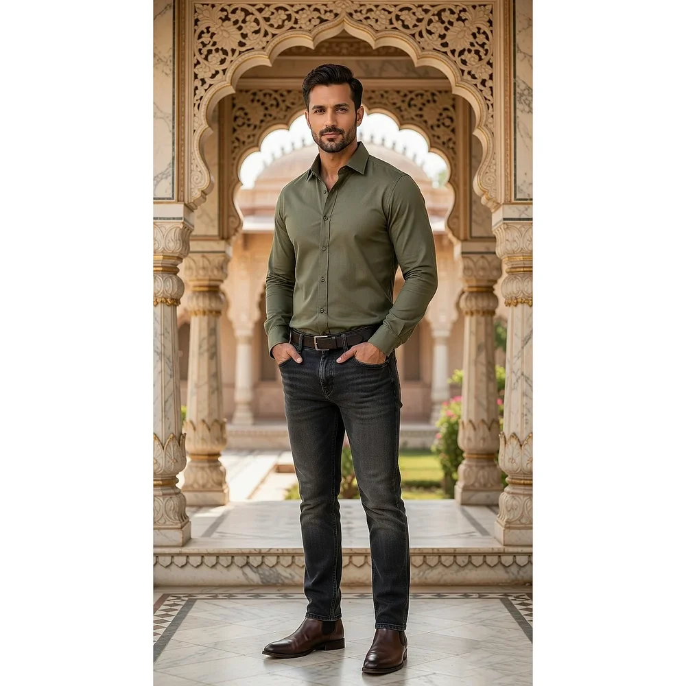 Men's Casual Slim-Fit Twill Shirt Sage Olive - Textiles & Apparel by G M Apparels