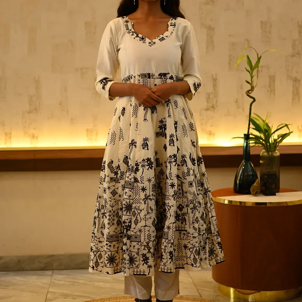Embroidered Cotton Silk Anarkali Kurta with Sequins - Textiles & Apparel by Ivaayaa