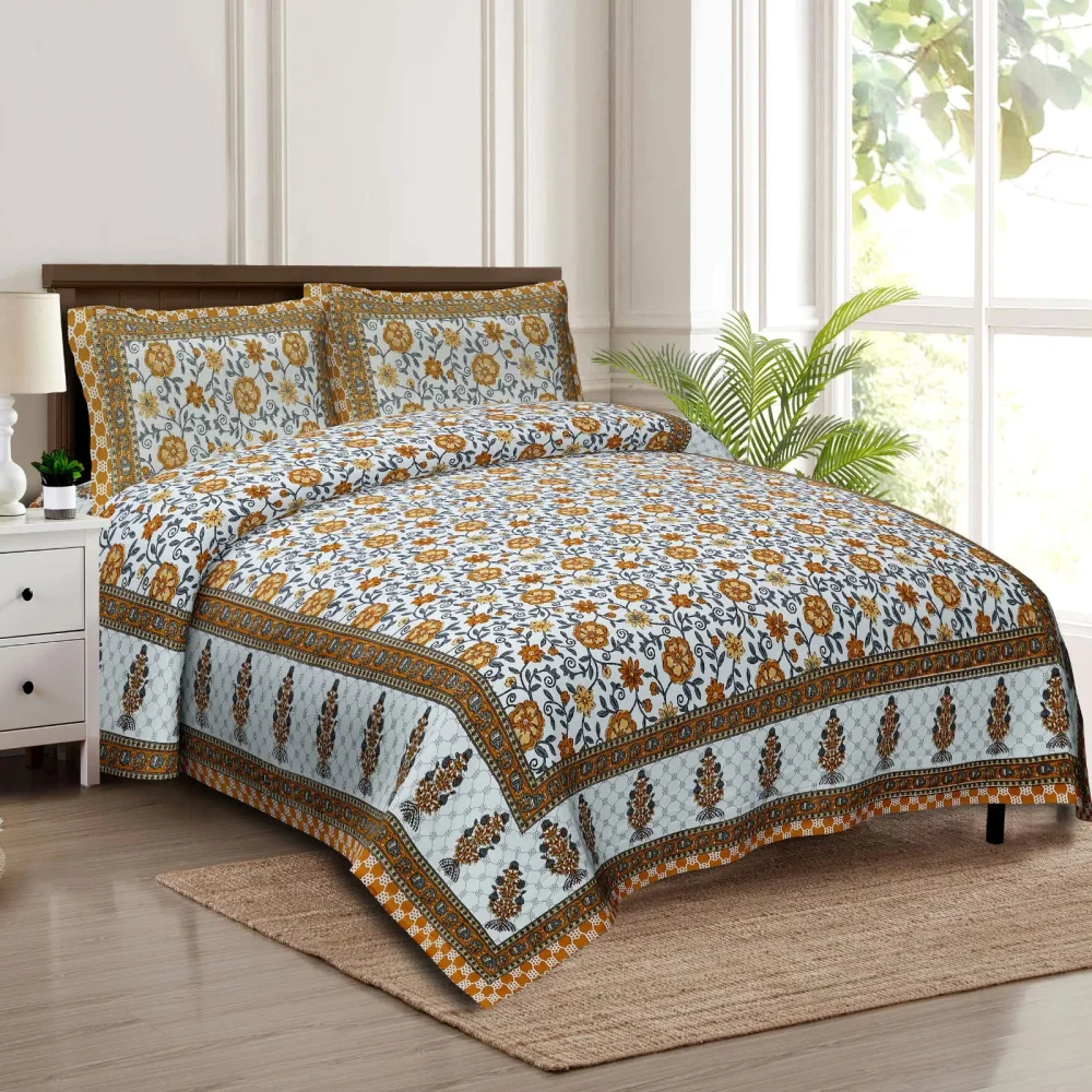 Yellow Floral Printed Cotton Double Bedsheet 90x108 Inch with Ethnic Border - Textiles & Apparel by Shriex Enterprises