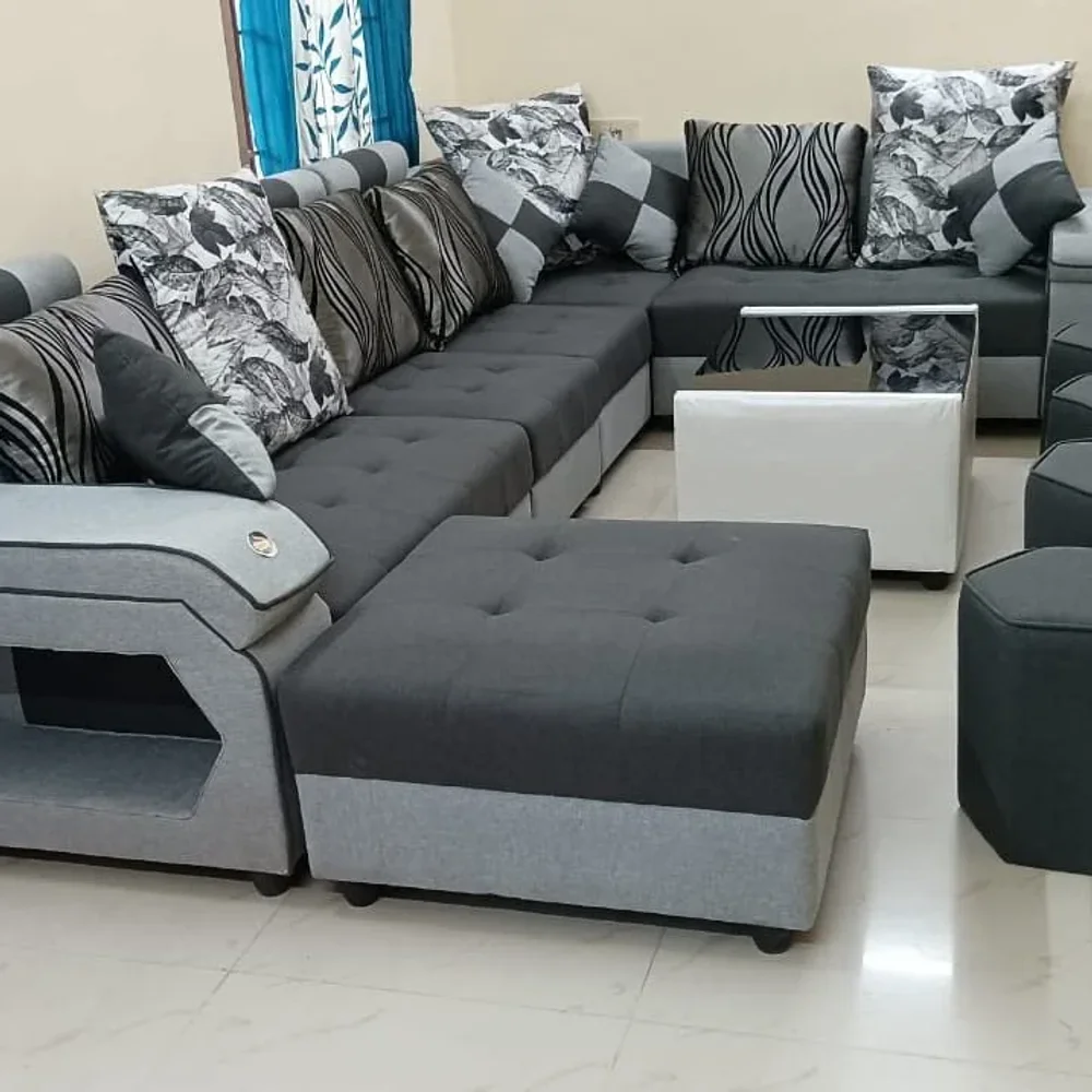 8 Seater Sectional Sofa-Lounger with Throw Pillow and Center Table - Furniture & Interiors by Upcycle Furnishing India