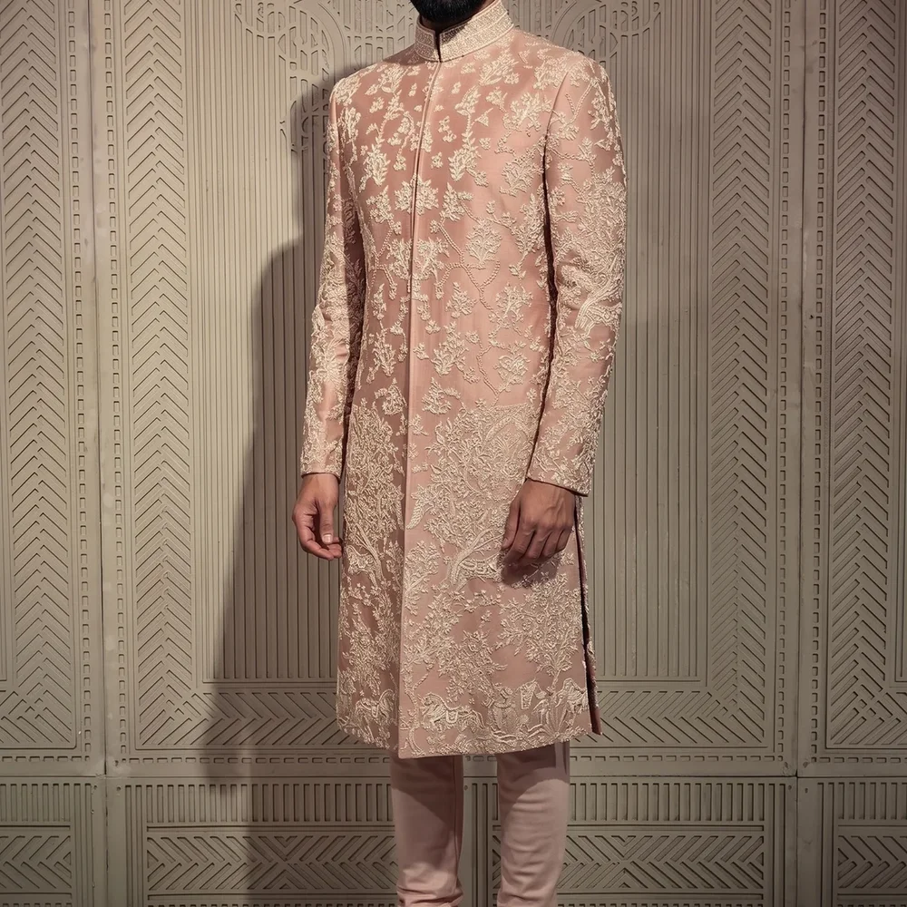 Peach Embroidered Men's Sherwani with Mandarin Collar - Textiles & Apparel by G M Apparels