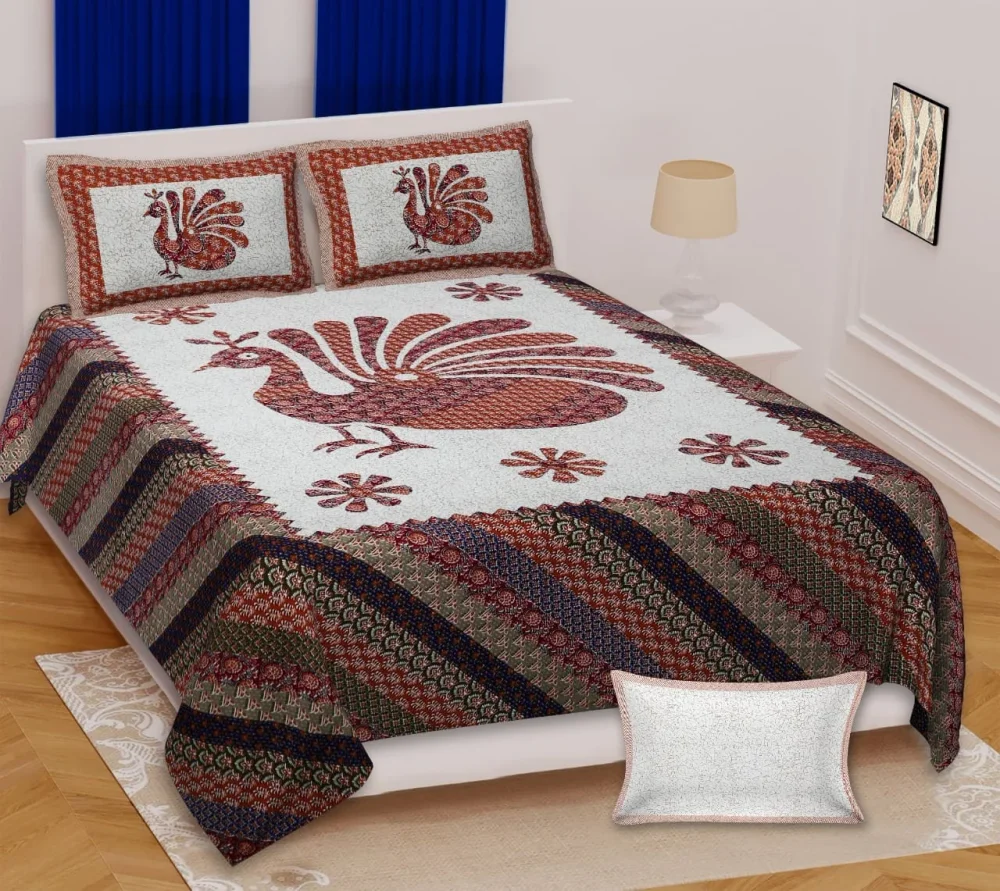 King Size Cotton Flat Bedsheet with Peacock Motif - Textiles & Apparel by Shriex Enterprises