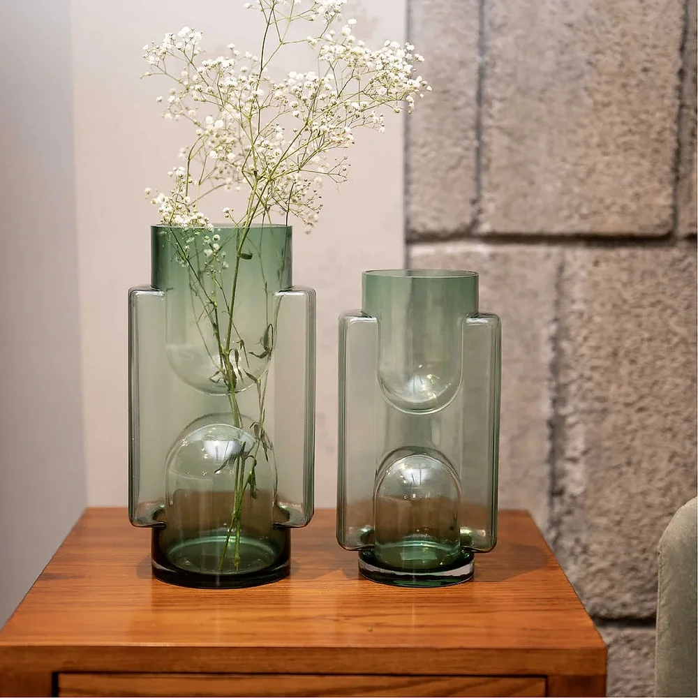 Green Glass Vases with Open Capsule Detailing (Set of 2) - Home & Kitchen by Wooden Owl Design Pvt. Ltd.