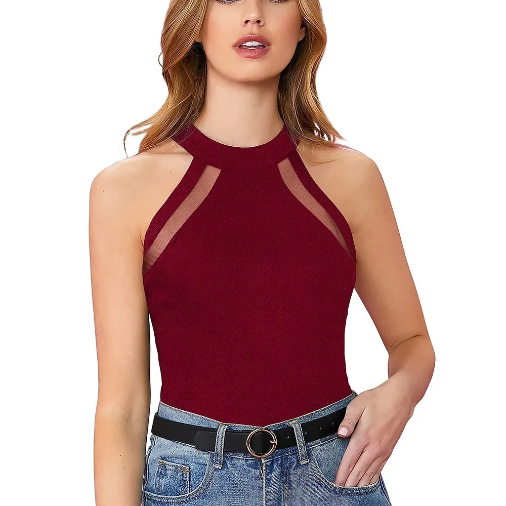 Maroon Halter Neck Sleeveless T-Shirt - Textiles & Apparel by Cara Exim