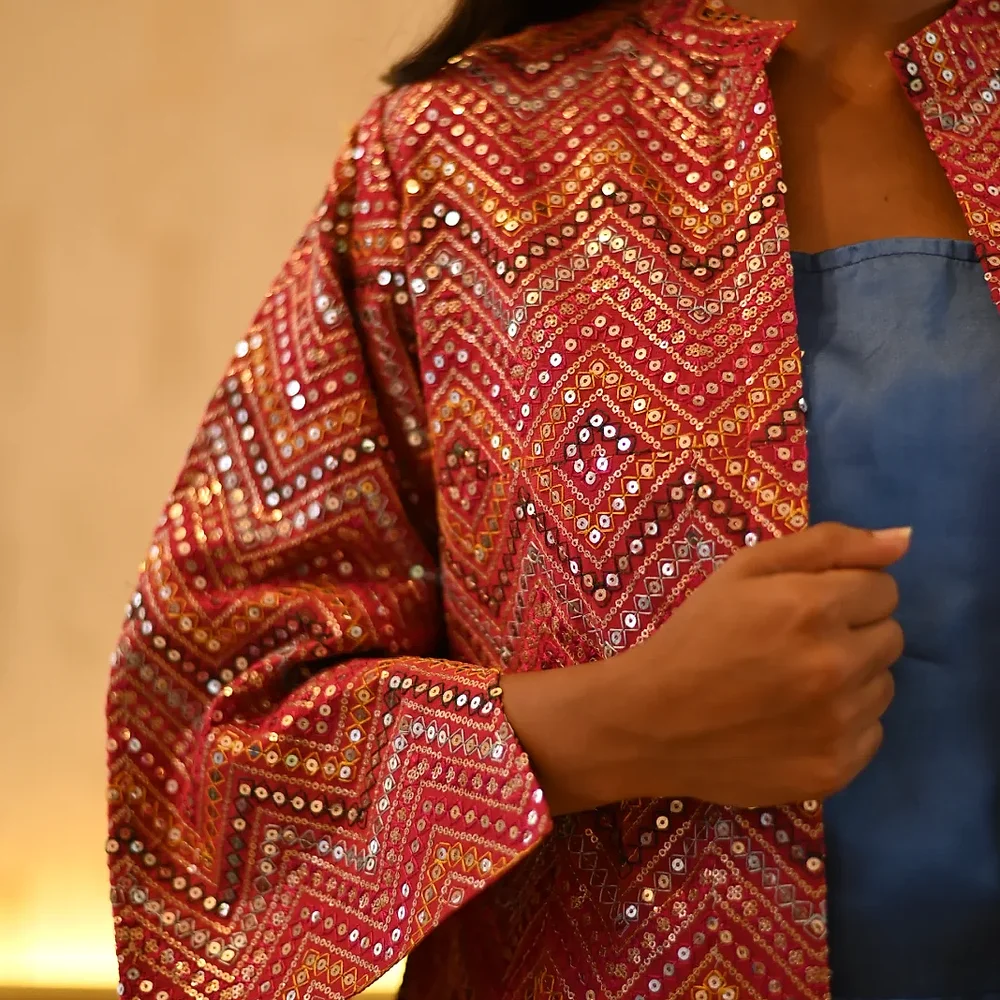 Embroidered Georgette Full Sleeve Open Front Jacket - Textiles & Apparel by Ivaayaa